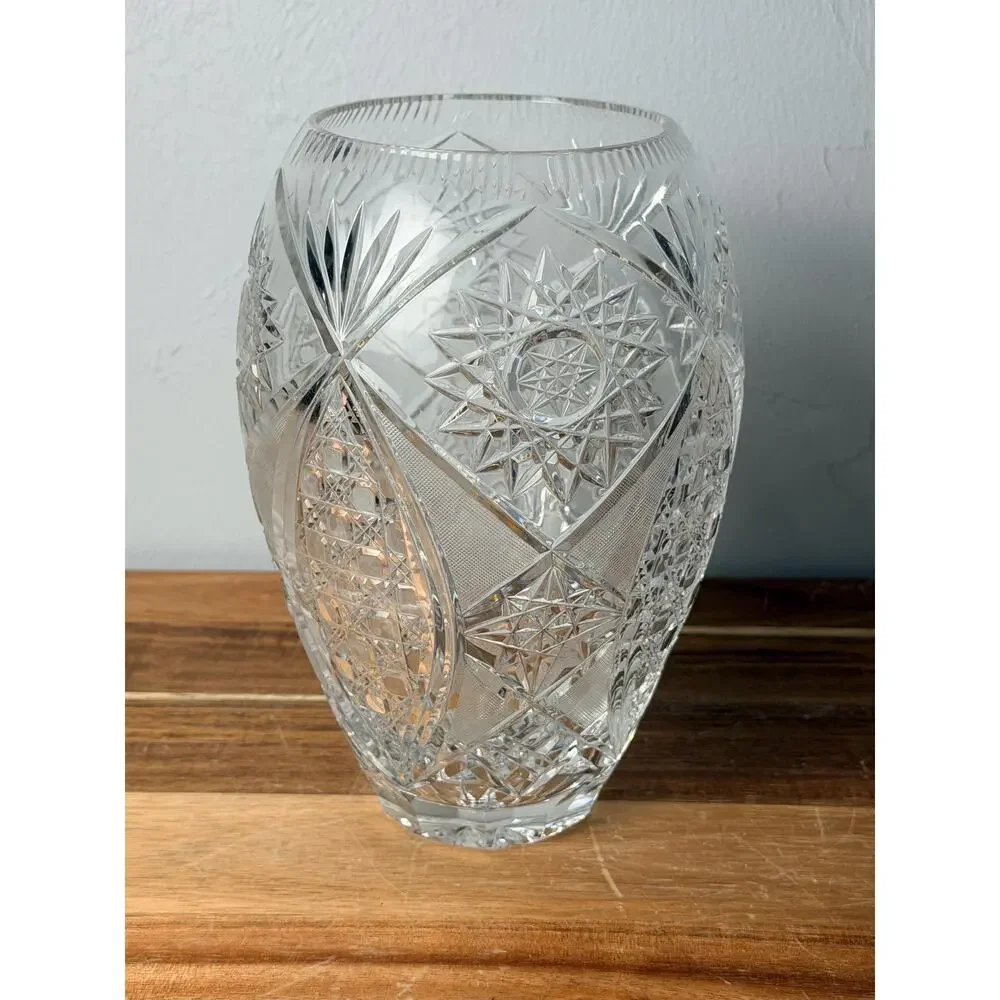 Vintage Hand Cut Crystal Vase, American Brilliant Hobstar Fan Pattern
